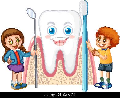 Bambini felici che tengono mirro dentale e spazzolino da denti con grande dente su sfondo bianco illustrazione Illustrazione Vettoriale