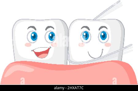 Denti felici lucidano i denti usando illustrazione del filo interdentale Illustrazione Vettoriale