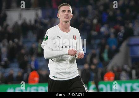 Leicester, Regno Unito. 10th Mar 2022. Benjamin Bourigeaud di Stade Rennais durante la UEFA Conference League, Round of 16, partita di calcio a 1st gambe tra Leicester City e Stade Rennais (Rennes) il 10 marzo 2022 al King Power Stadium di Leicester, Inghilterra - Foto Laurent Lairys / DPPI Credit: DPPI Media/Alamy Live News Foto Stock