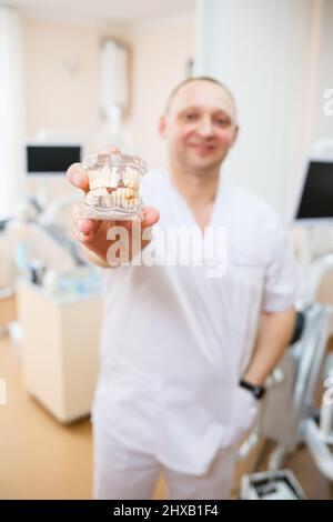 Primo piano di una miniatura di mascelle artificiali dentarie. Dentista ortodontista tiene un modello di denti nelle sue mani. Foto Stock