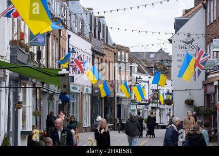 Mentre la guerra in Ucraina entra nella sua terza settimana, bandiere ucraine appendono accanto a British Union Jacks sopra le imprese in Church Street, Twickenham, il 10th marzo 2022, a Londra, Inghilterra. L'iniziativa è stata organizzata dall'Associazione Church Street of Twickenham, che ha mostrato solidarietà e simpatia nei confronti degli ucraini locali, dicendo: "Solidarietà nei confronti dei nostri fratelli e sorelle ucraini. Ci sentiamo per voi e per il vostro orribile affare. Resta forte!" Foto Stock