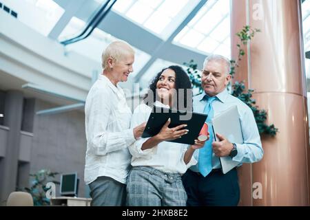 il team aziendale sta studiando i punti del nuovo contratto. Foto Stock