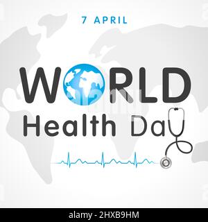 World Health day concept text design con stetoscopio medico e heartbeat. Globo in testo e cardiogramma normale per poster in occasione della Giornata Mondiale della Sanità, 7 Apri Illustrazione Vettoriale