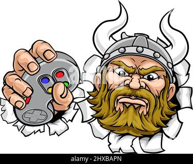 Vichingo Gamer Video Game Controller Mascot Cartoon Illustrazione Vettoriale