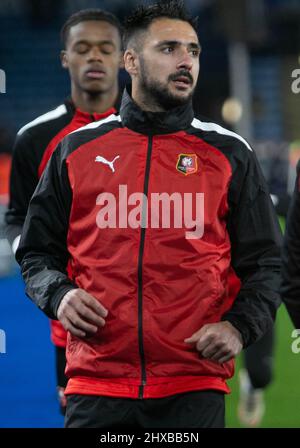 Leicester, Regno Unito. 10th Mar 2022. Gaetan Laborde di Stade Rennais durante la UEFA Conference League, Round of 16, partita di calcio a 1st gambe tra Leicester City e Stade Rennais (Rennes) il 10 marzo 2022 presso il King Power Stadium di Leicester, Regno Unito. Photo by Laurent Lairys/ABACAPRESS.COM Credit: Abaca Press/Alamy Live News Foto Stock