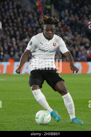 Leicester, Regno Unito. 10th Mar 2022. Jeremy Doku di Stade Rennais durante la UEFA Conference League, Round of 16, partita di calcio a 1st gambe tra Leicester City e Stade Rennais (Rennes) il 10 marzo 2022 presso il King Power Stadium di Leicester, Regno Unito. Photo by Laurent Lairys/ABACAPRESS.COM Credit: Abaca Press/Alamy Live News Foto Stock