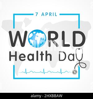 World Health day concept text design con stetoscopio medico e heartbeat. Globo in testo e cardiogramma normale per poster in occasione della Giornata Mondiale della Sanità, 7 Apri Illustrazione Vettoriale
