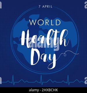Giornata mondiale della salute 7 aprile scritta e heartbeat banner quadrato. Mappa del mondo nel tratto di pennello cardiaco inquadrare il cardiogramma normale. Grafico astratto isolato Illustrazione Vettoriale