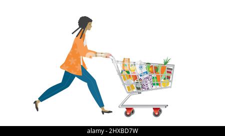 Donna con carrello completo, carrello. Illustrazione vettoriale. Illustrazione Vettoriale