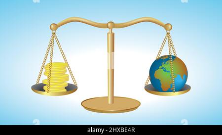 Scala di peso con soldi e pianeta Terra. Illustrazione vettoriale. Dimensione 16:9. Illustrazione Vettoriale