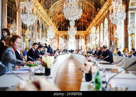 Versailles, Francia. 11th Mar 2022. I capi di Stato e di governo dell'Unione europea si riuniscono in un incontro informale di due giorni presso la Reggia di Versailles. Il tema è l'attuale sviluppo dopo l'attacco russo all'Ucraina. Credit: Kay Nietfeld/dpa/Alamy Live News Foto Stock