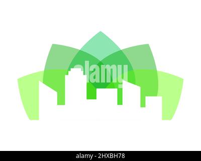 Skyline bianco della città su foglie verdi. Concetto di città verde. Sviluppo urbano sostenibile. Edificio ecologico. Idea di conservazione dell'ambiente. Vettore Illustrazione Vettoriale