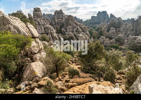 Die außergewöhnlichen Karstformationen im Naturschutzgebiet El Torcal bei Antequera, Andalusia, Spanien | suggestivo paesaggio carsico del El Tor Foto Stock