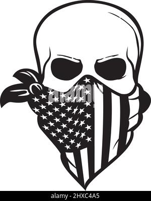 Cranio umano con bandiera americana bandana in bianco e nero. Illustrazione vettoriale. Illustrazione Vettoriale