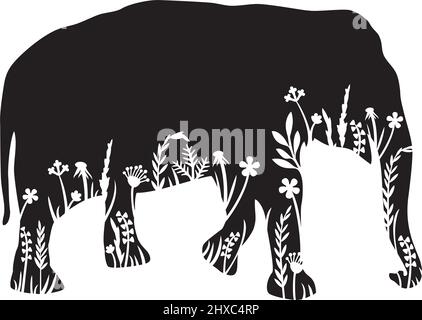 Illustrazione vettoriale in bianco e nero con elefante floreale (silhouette in erba - fiori e piante). Illustrazione Vettoriale