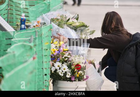 Ishinomaki, Giappone. 11th Mar 2022. La gente offre fiori all'ex scuola elementare di Okawa, dove 74 bambini insieme a 10 insegnanti sono morti lo tsunami colpito il 11 marzo 2011, a Ishinomaki, Prefettura di Miyagi, Giappone venerdì, Marzo 11, 2022. Foto di Keizo Mori/UPI Credit: UPI/Alamy Live News Foto Stock