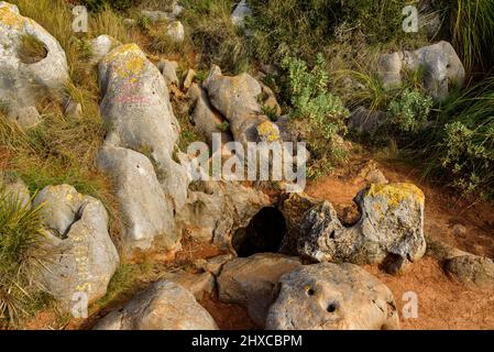 Caverna di PIT dell'Avenc de l'Asensio, profonda 84 metri nella roccia calcarea del massiccio del Garraf (Barcellona, Catalogna, Spagna) Foto Stock