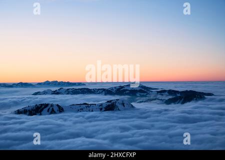 Montagne innevate dopo il tramonto sopra le nuvole. Allgäu Alpi. Baviera, Germania, Europa Foto Stock