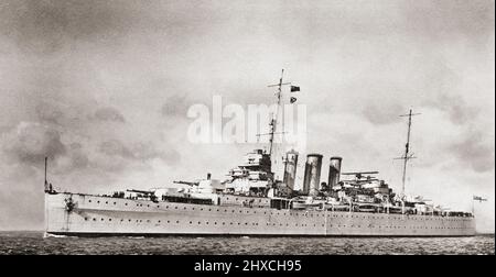 HMS London, Pennant numero C69. Membro del secondo gruppo di incrociatori pesanti della Royal Navy di classe County. Dalle navi da guerra britanniche, pubblicato nel 1940 Foto Stock