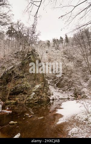 Freital, neve nella valle 'Rabenauer Grund', roccia nel fiume 'Rote Weißeritz', Monti Erzgebirge / ore, Sachsen, Sassonia, Germania Foto Stock