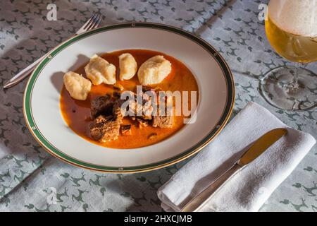 Venison Goulash Wild Game Hotpot con gnocchi con sugo di paprika e un bicchiere di birra Foto Stock