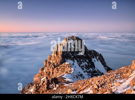 Cima rocciosa di Ponten dopo il tramonto sopra il mare di nuvole. Allgäu Alpi, Baviera, Germania, Europa Foto Stock