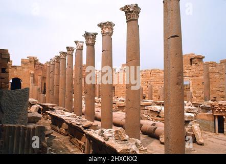 Storico Laptis Magna rovine romane in Libia Foto Stock