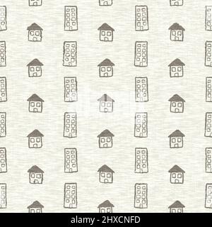 Mano disegnato Doodle casa lino effetto texture pattern. Stampa decorativa in tessuto grigio naturale senza cuciture per carta da parati in tela. Foto Stock