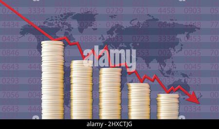 Aumento dei costi a causa della crisi finanziaria. Grafico di riserva che cade giù il concetto globale di fallimento di soldi di affari 3D rendono l'illustrazione di 3D Foto Stock