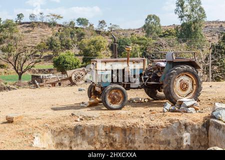 Cani rifugio dal sole all'ombra di un vecchio trattore Swaraj 735 su una fattoria vicino Kumbhalgarh, Aravalli Hills, Rajsamand distretto, Udaipur, Rajasthan Foto Stock