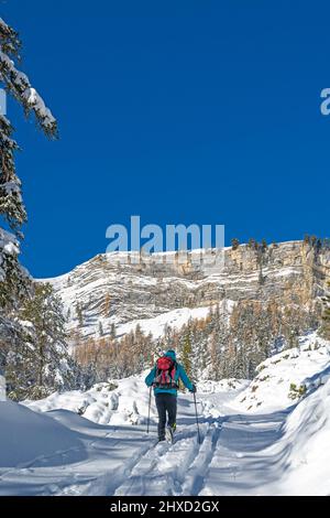 San Vigilio di Marebbe, Fanes, Dolomiti, Provincia di Bolzano, Alto Adige, Italia, Europa. Un escursionista in salita a Fanes Foto Stock