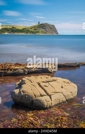 Vista su Kimmeridge Bay, Dorset, Inghilterra, Regno Unito guardando verso est verso la Clavell Tower su Hen Cliff. Parte della Jurassic Coast e del South West Coast Path Foto Stock
