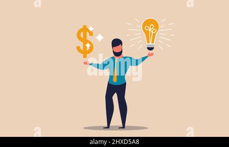 Denaro intelligente e finanza Think Sign. Denaro bonus decisione e fare intelligente dollaro con la gente piano vettore illustrazione concetto. Salvare la finanza imprenditore Illustrazione Vettoriale