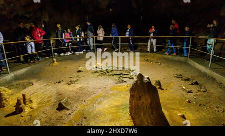 I turisti nella caverna dell'orso pestera ursilor a chiscau in romania Foto Stock