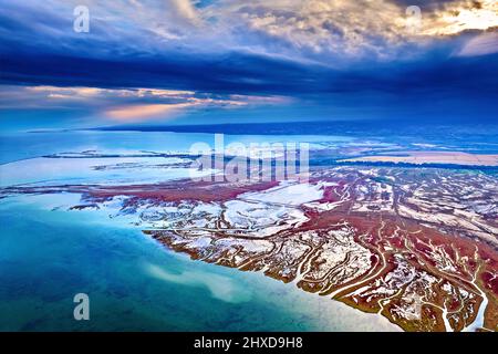 Il Delta del fiume Aliakmon ('Haliacmon') dall'alto. PIERIA, Macedonia centrale, Grecia. Foto Stock
