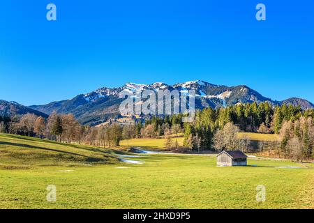 Germania, Baviera, alta Baviera, Tölzer Land, Isarwinkel, Lenggries, valle Isar contro Brauneck, vista sopra Hohenreuth Foto Stock