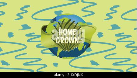 Immagine del testo cresciuto in casa sul globo e foglie su sfondo blu e verde Foto Stock