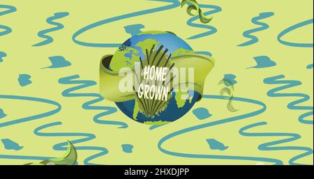Immagine del testo cresciuto in casa sul globo e foglie su sfondo blu e verde Foto Stock