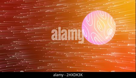 Immagine di un globo rosa-giallo brillante che gira su punti luminosi su sfondo arancione e rosso Foto Stock