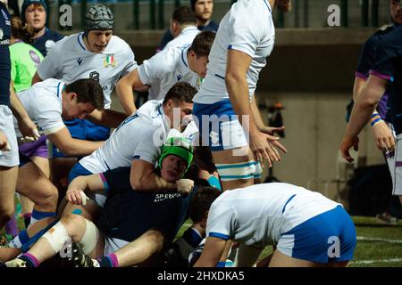 Treviso, Italia. 11th Mar 2022. Primo tentativo per l'Italia nel corso del 2022 sei Nazioni Under 20 - Italia vs Scozia, Rugby Six Nations Match a Treviso, Italia, Marzo 11 2022 Credit: Independent Photo Agency/Alamy Live News Foto Stock