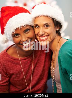 Santas piccoli aiutanti. Un ritratto di due migliori amici felici che indossano cappelli di santa a Christmastime. Foto Stock