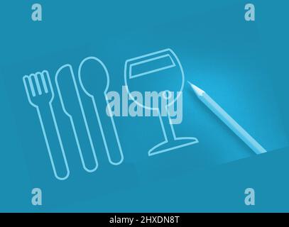 Forchetta, coltello e cucchiaio le icone mangiare e bere sono in giallo su nero. Segnaletica stradale. Concetto di bar. Foto Stock