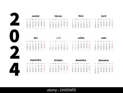 2024 anni semplice calendario orizzontale in lingua francese, calendario tipografico isolato su bianco Illustrazione Vettoriale