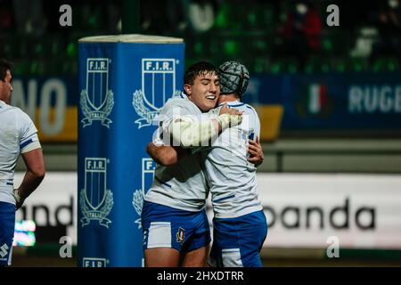 Treviso, Italia. 11th Mar 2022. Felicità Filippo Lazzarin (Italia) nel corso del 2022 sei Nazioni Under 20 - Italia vs Scozia, Rugby sei Nazioni partita a Treviso, Italia, Marzo 11 2022 credito: Independent Photo Agency/Alamy Live News Foto Stock