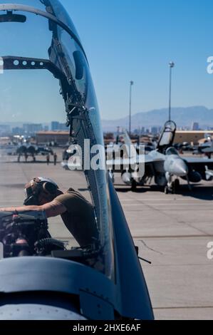 Un Aircrew della Marina degli Stati Uniti Survival Equipmentman Airman Tyler Sparks, un capitano di aereo assegnato a attacco elettronico Squadron 131, la base aerea navale di Whidbey Island, Washington, esegue controlli pre-volo sulla EA-18G Growler durante Red Flag-Nellis 22-2 alla base dell'aeronautica di Nellis, Nevada, marzo. 8, 2022. Il VAQ-131 è una delle 14 unità provenienti da tutta la coalizione forze di funzione centrale, Royal Saudi Air Force e Repubblica di Singapore Air Forces che partecipano alla bandiera rossa-Nellis 22-2. (STATI UNITI Air Force foto di Airman 1st Classe Josey Blades) Foto Stock