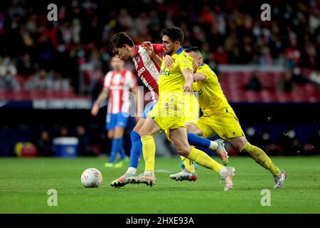 Madrid, spagnolo. 11th Mar 2022. Madrid, Spagna; 11.03.2022.- Atletico de Madrid vs Cadiz calcio a la Liga Spagna partita 28 tenutasi allo stadio Wanda Metropolitano di Madrid. Giocatore di Atletico de Madrid Joao Felix Punteggio goal Punteggio finale 2-1 Vincitore di Atletico credito: Juan Carlos Rojas/dpa/Alamy Live News Foto Stock