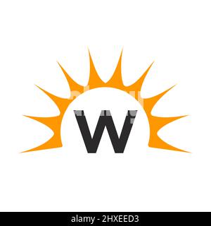 Logo Sun sulla lettera W. Sun Icon Vector Design con W Letter Template Illustrazione Vettoriale