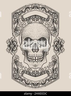 illustrazione testa del cranio con ornamento antico da incisione Illustrazione Vettoriale