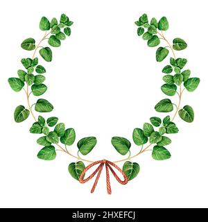 Corona di origano e arco in corda. Acquerello vintage illustrazione. Isolato su sfondo bianco. Per il tuo design. Adatto per libri di cucina. Foto Stock