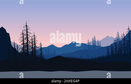 Vista realistica delle montagne con una silhouette di pini e fiume dal bordo della scogliera al tramonto. Illustrazione vettoriale di una città Illustrazione Vettoriale